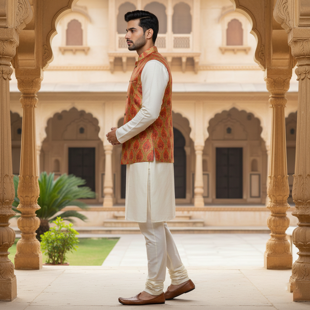 Men’s Red & Gold Patterned Nehru Jacket with Ivory Kurta  Pajama – Royal Festive Wear