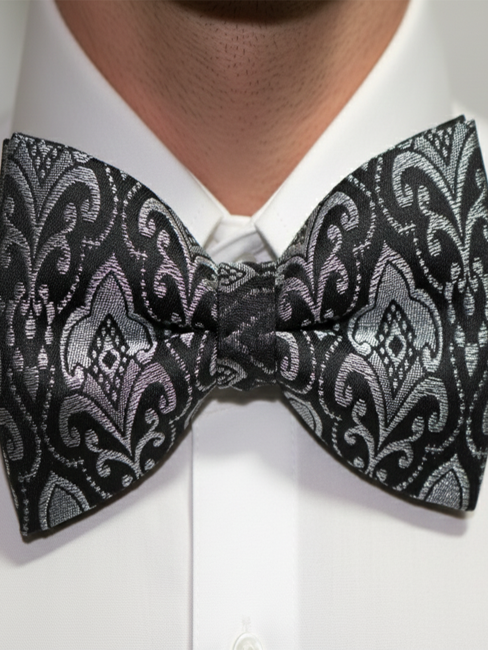 Sophisticated Black and Silver Baroque Motif Men's Bow Tie
