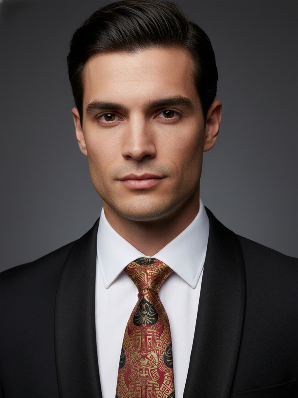 Premium Men's Silk-Blend Necktie – Crimson Red and Antique Gold Tie with Ornate Black Spade Medallions and Geometric Maze Pattern