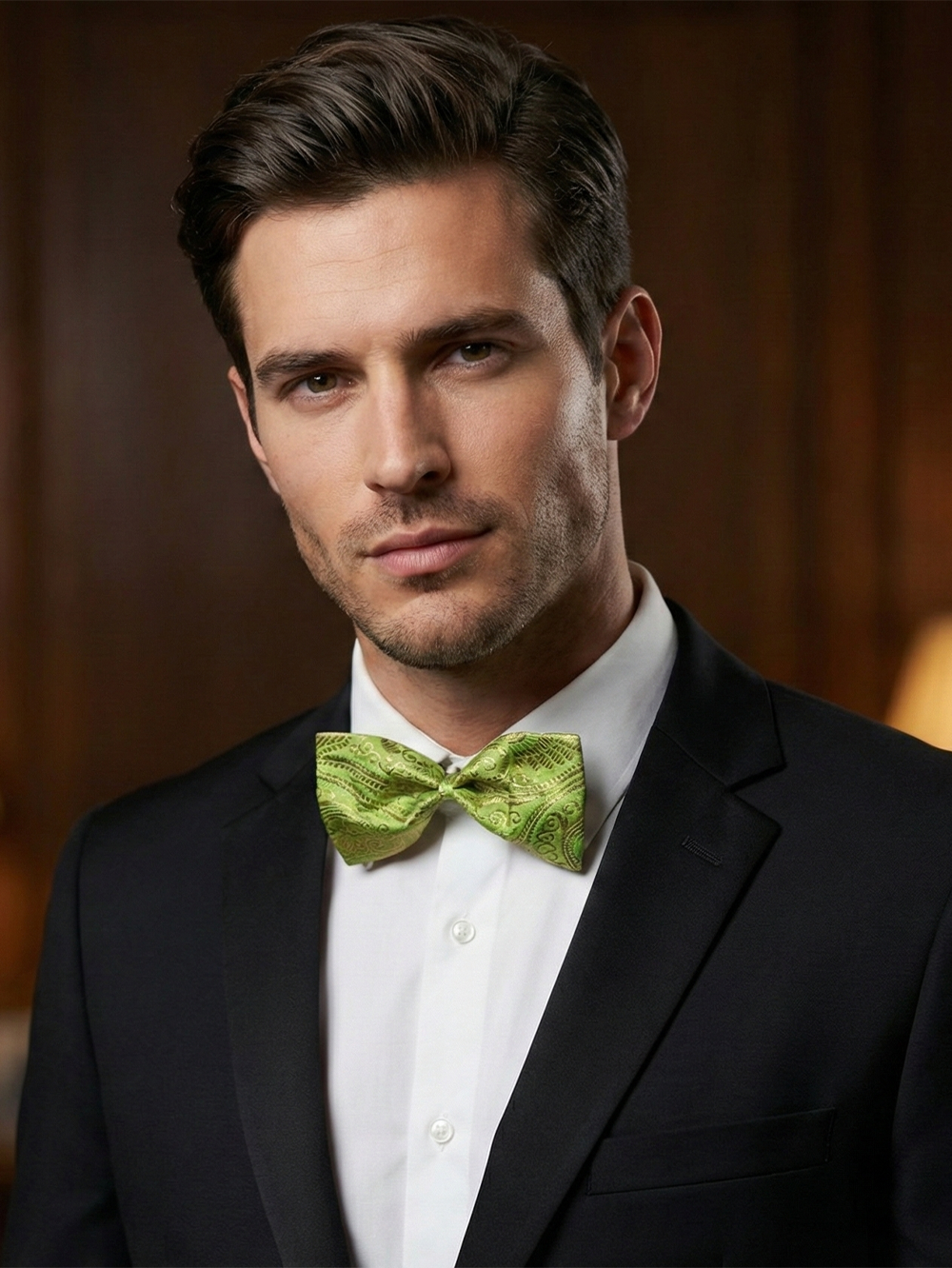 Elegant Olive Green and Gold Paisley Men's Bow Tie