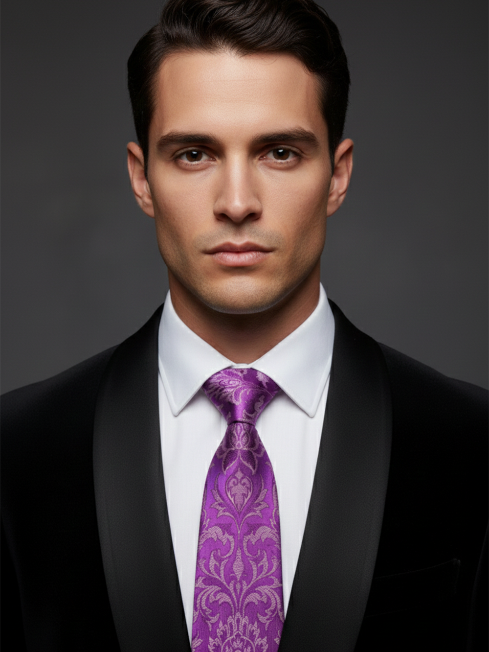 Premium Men's Purple Damask Silk-Blend Necktie – Classic Violet Purple Tie with Elegant Vintage Floral Baroque Jacquard Pattern