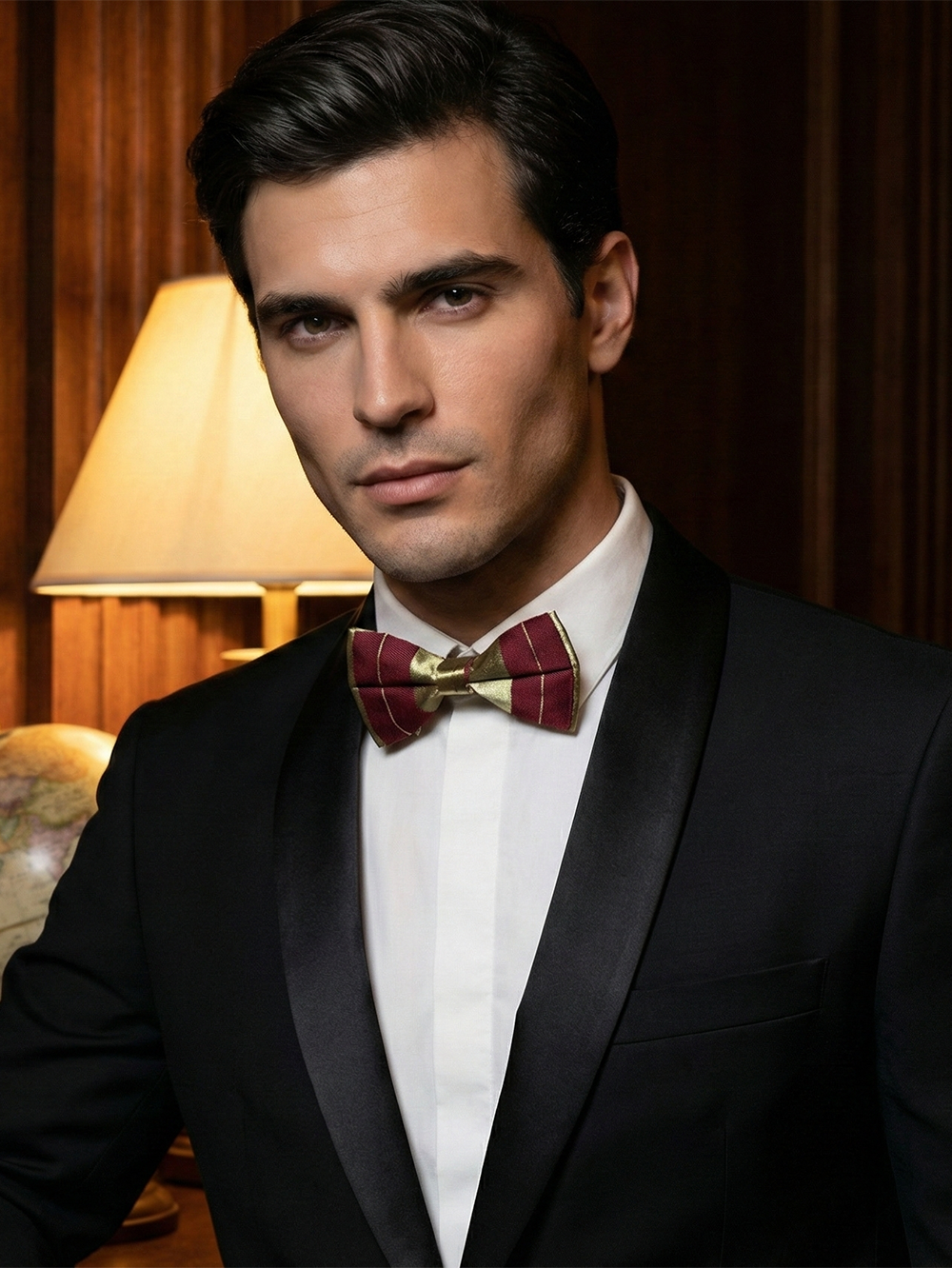 Burgundy and Gold Striped Men's Bow Tie, Premium Pre-Tied Maroon Tuxedo Bowtie with Metallic Accents, Adjustable Necktie