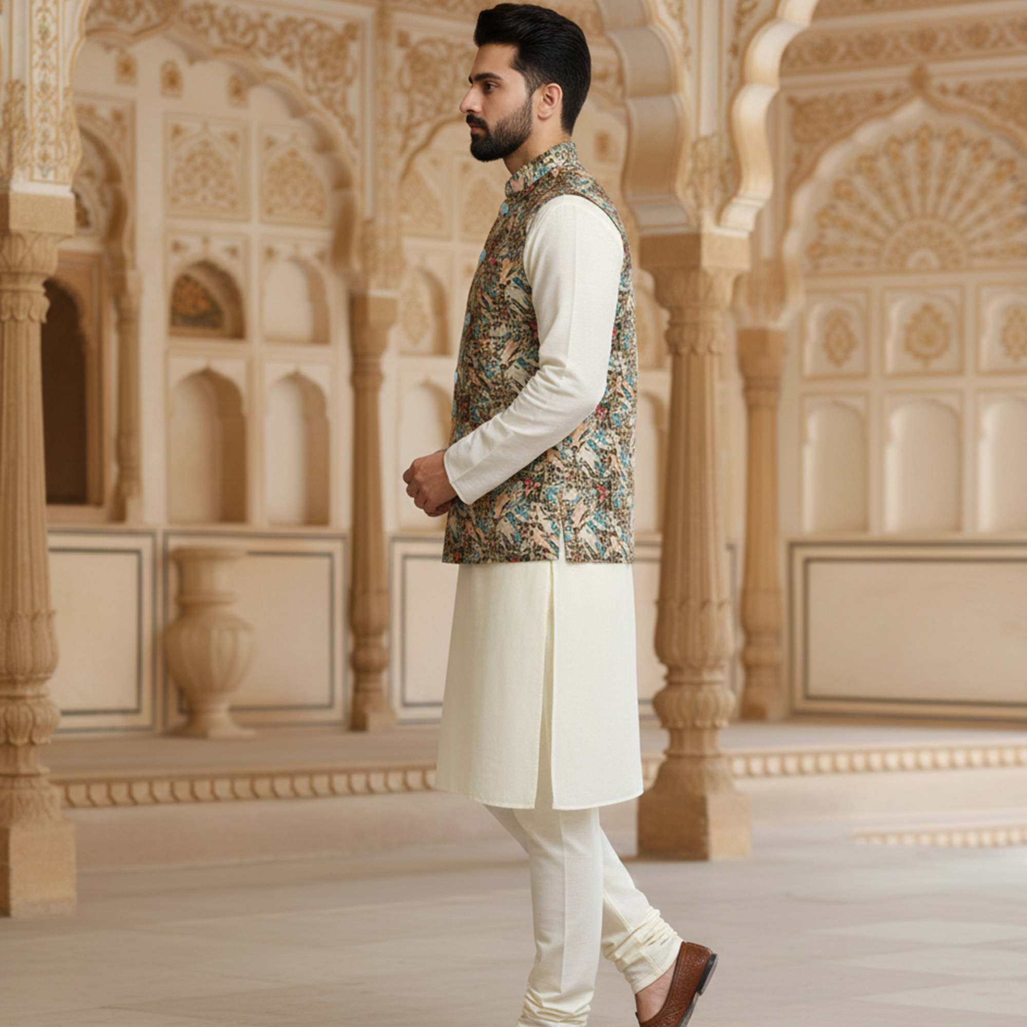 Men’s Multicolor Heritage Print Nehru Jacket with Ivory Kurta  Pajama – Festive Elegance