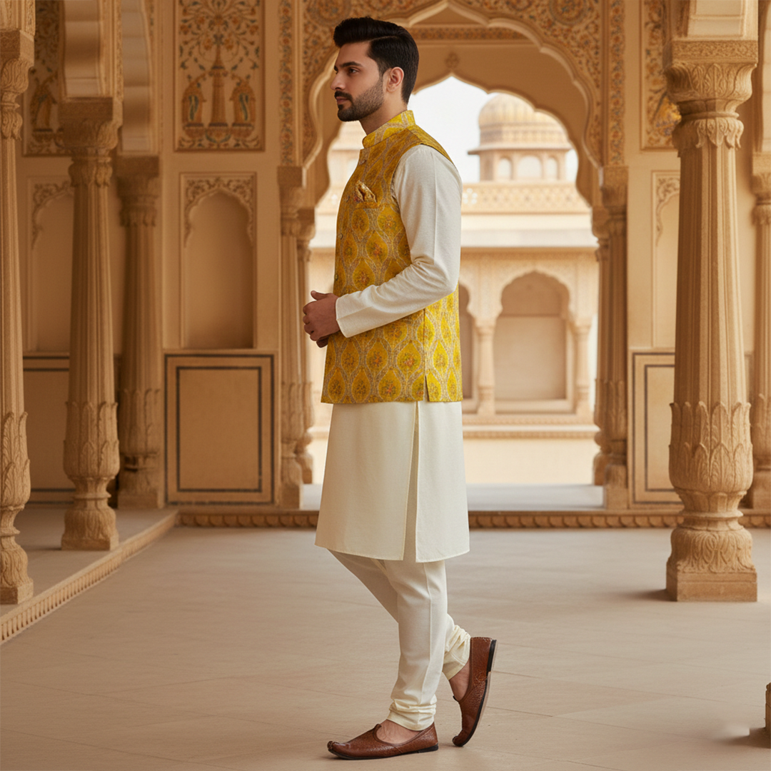 Men’s Yellow Jacquard Nehru Jacket with Ivory Kurta  Pajama – Festive & Wedding Wear