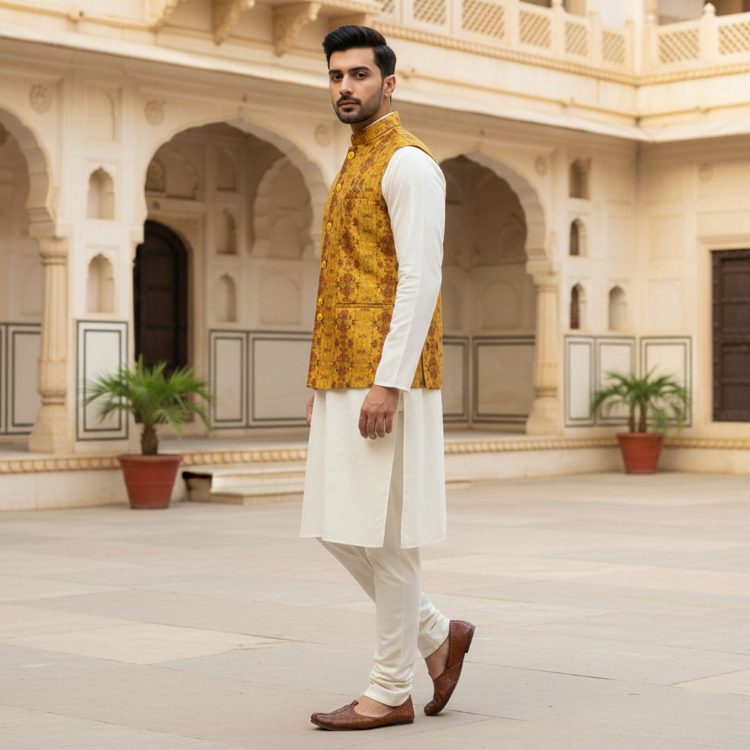 Men’s Mustard Textured Nehru Jacket with Ivory Kurta Pajama – Festive & Wedding