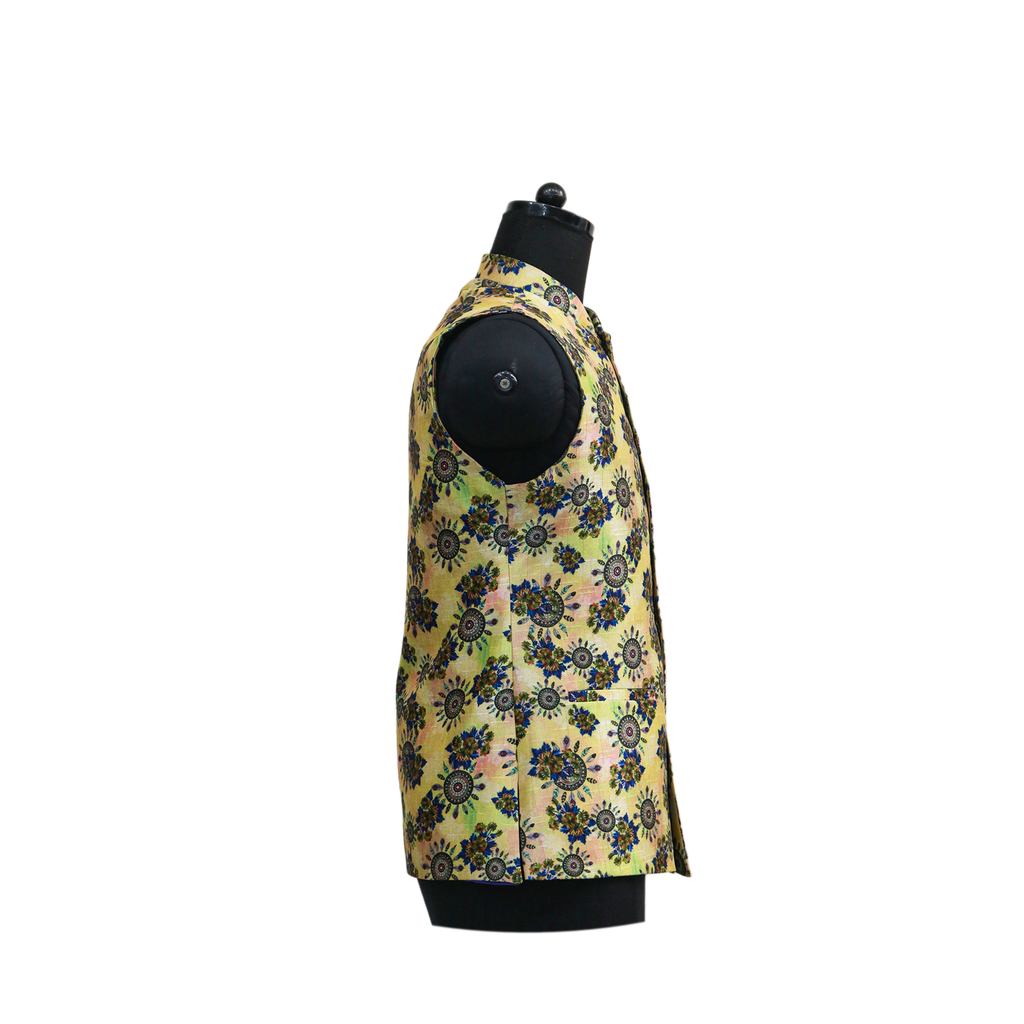 Men’s Yellow Floral Nehru Jacket with Ivory Kurta Pajama –  Elegant Festive Ethnic Wear