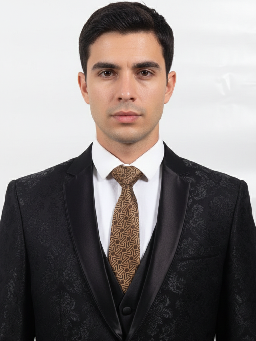 Premium Men's Silk-Blend Necktie – Espresso Brown and Tan Tie with Intricate Geometric Interlocking Chevron Maze Pattern