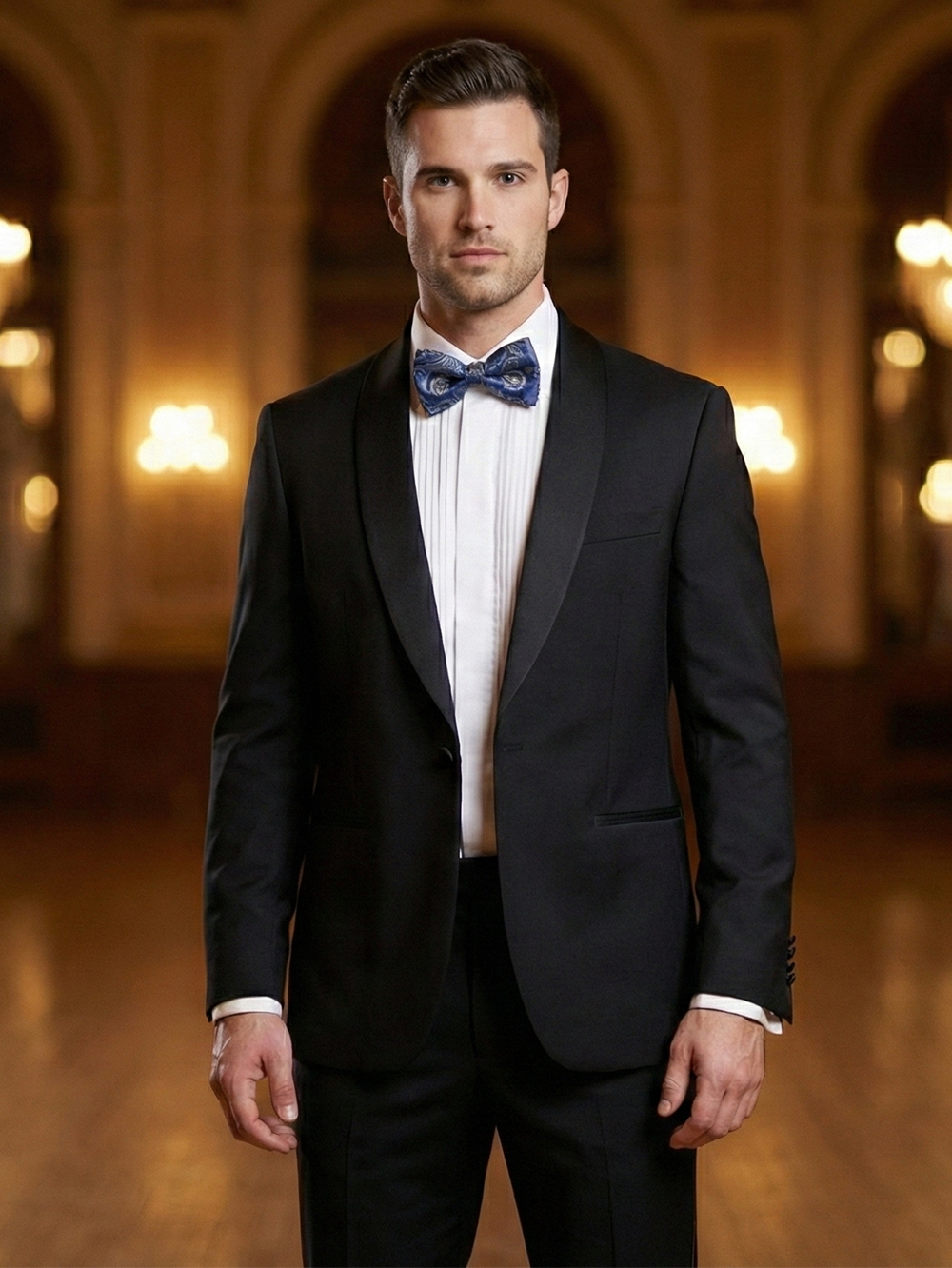 Elegant Navy Blue and Gold Paisley Pre-Tied Bow Tie