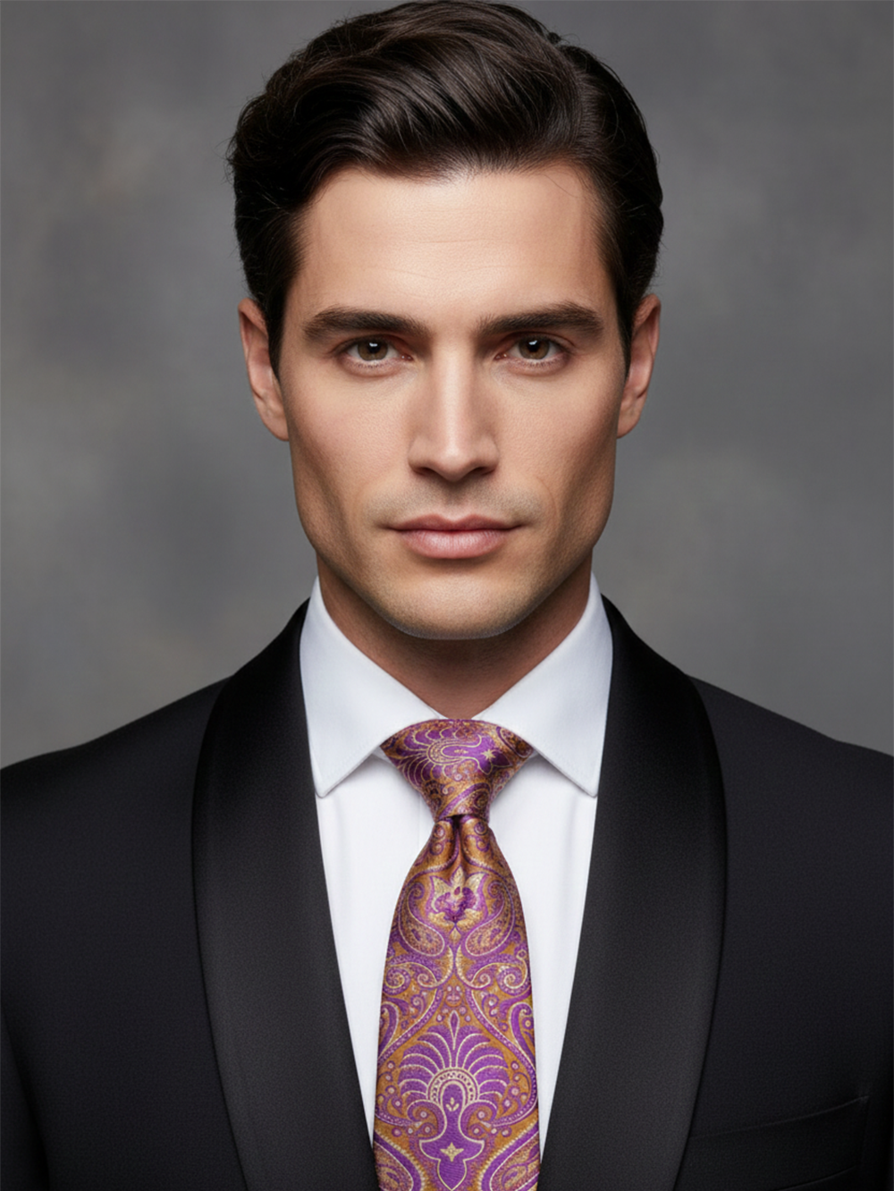 Premium Men's Paisley Silk-Blend Necktie – Rich Purple and Gold Tie with Elegant Vintage Baroque Jacquard Motif