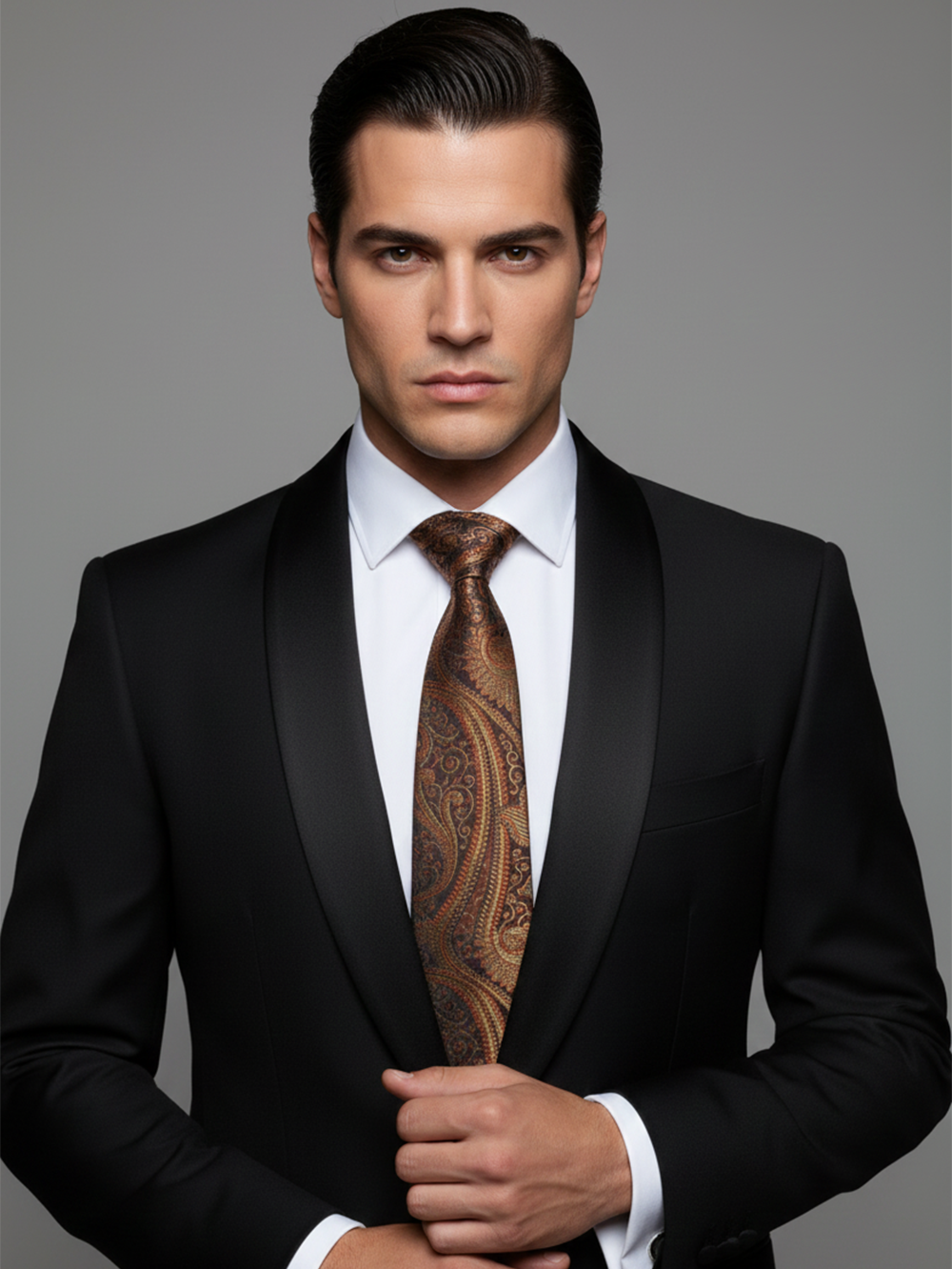 Premium Men's Paisley Silk-Blend Necktie – Dark Chocolate Brown Tie with Copper, Bronze, and Gold Vintage Jacquard Motif