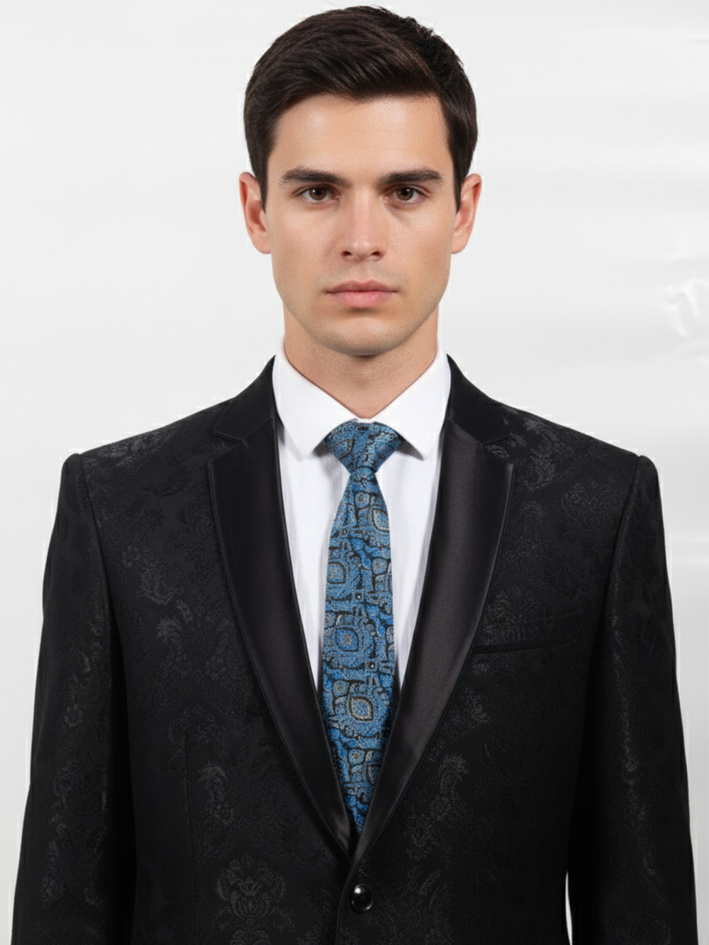 Premium Men's Silk-Blend Necktie – Slate Blue and Steel Grey Tie with Elegant Vintage Baroque Geometric Tile Medallion Pattern