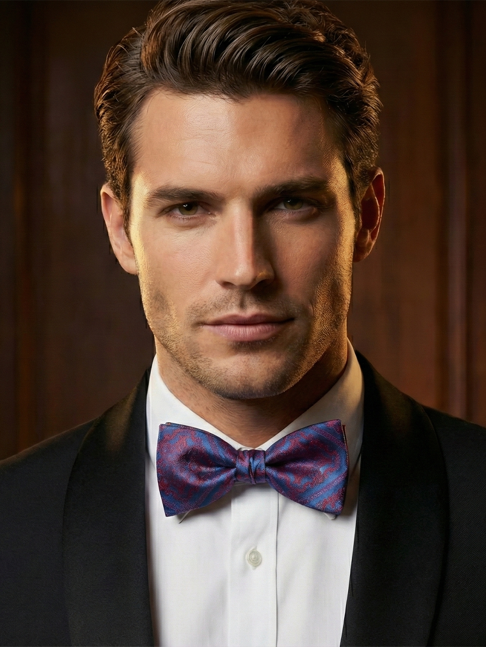 Sophisticated Blue and Red Crimson Paisley Pre-Tied Bow Tie