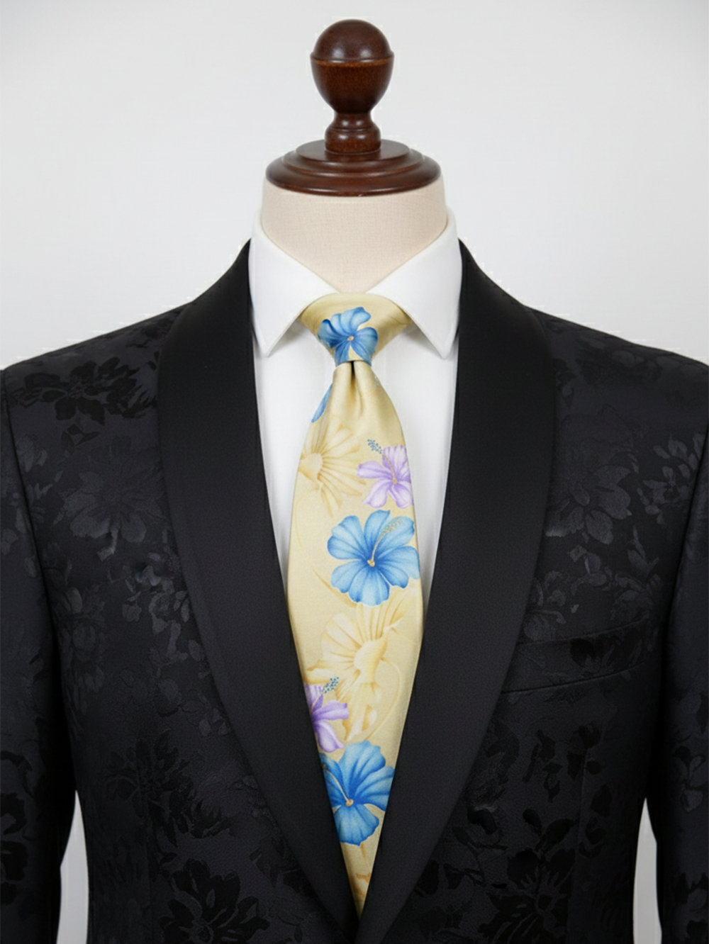 Premium Men's Tropical Floral Necktie – Pale Champagne Yellow Tie with Blue and Purple Hibiscus Pattern