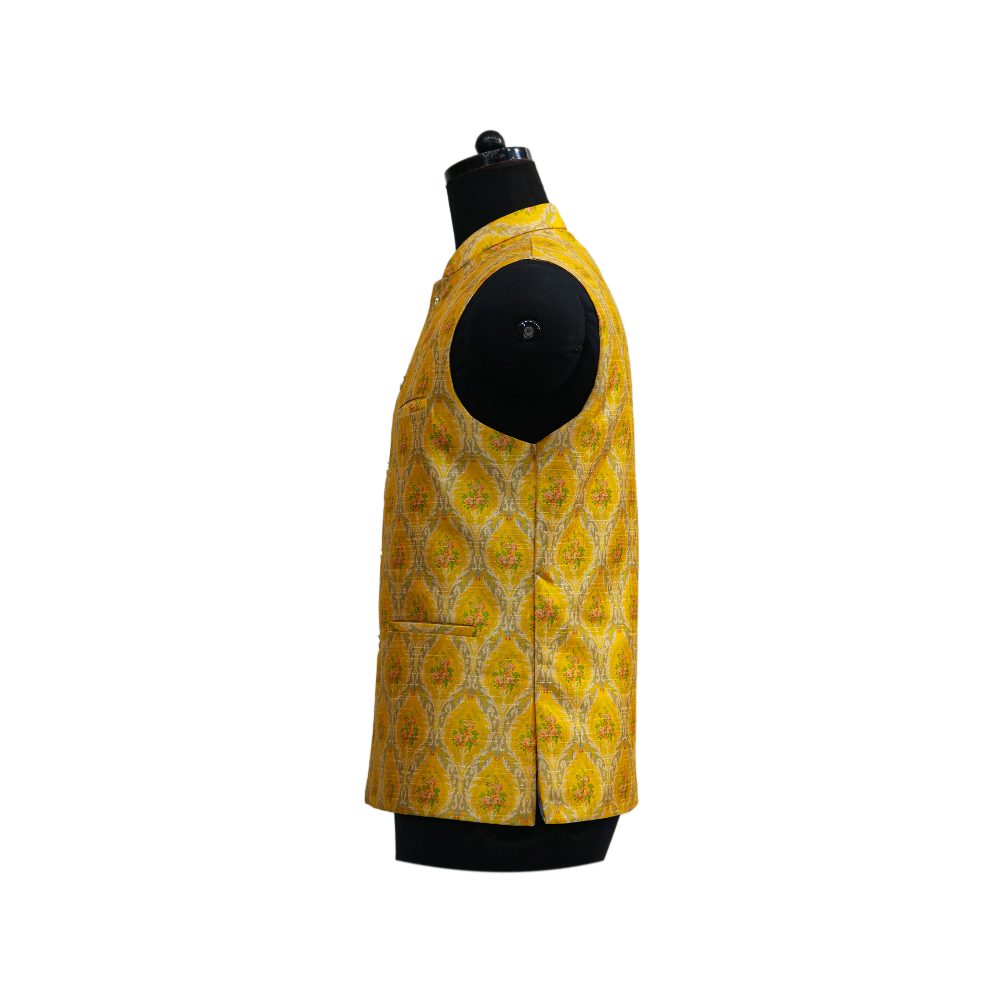 Men’s Yellow Jacquard Nehru Jacket with Ivory Kurta  Pajama – Festive & Wedding Wear