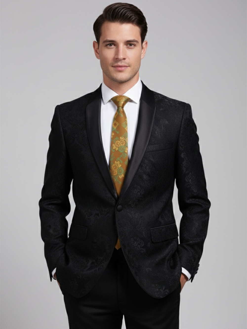 Premium Men's Silk-Blend Necktie – Chestnut Ochre Tan Tie with Elegant Green and Dull Gold Vintage Japanese Chrysanthemum Floral Pattern