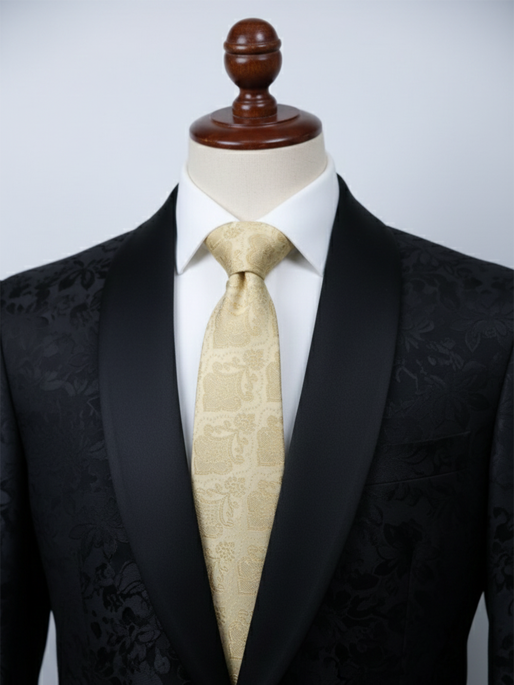 Premium Men's Silk Necktie – Luxury Champagne Gold Floral Damask Jacquard Patterned Tie