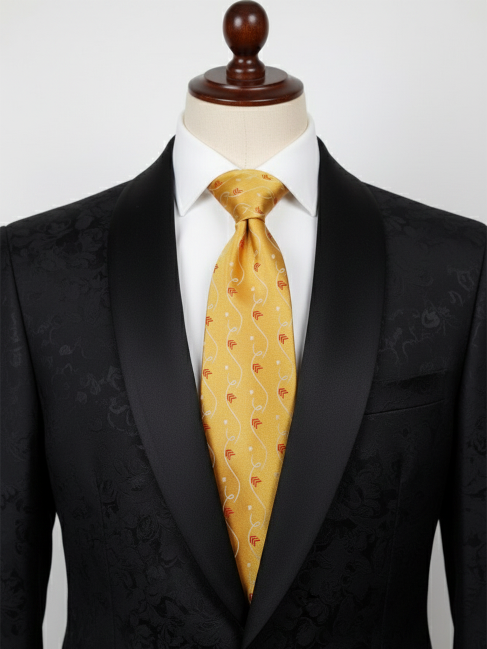 Premium Men's Silk-Blend Necktie – Mustard Gold Tie with Elegant White Swirls and Red Chevron Accents