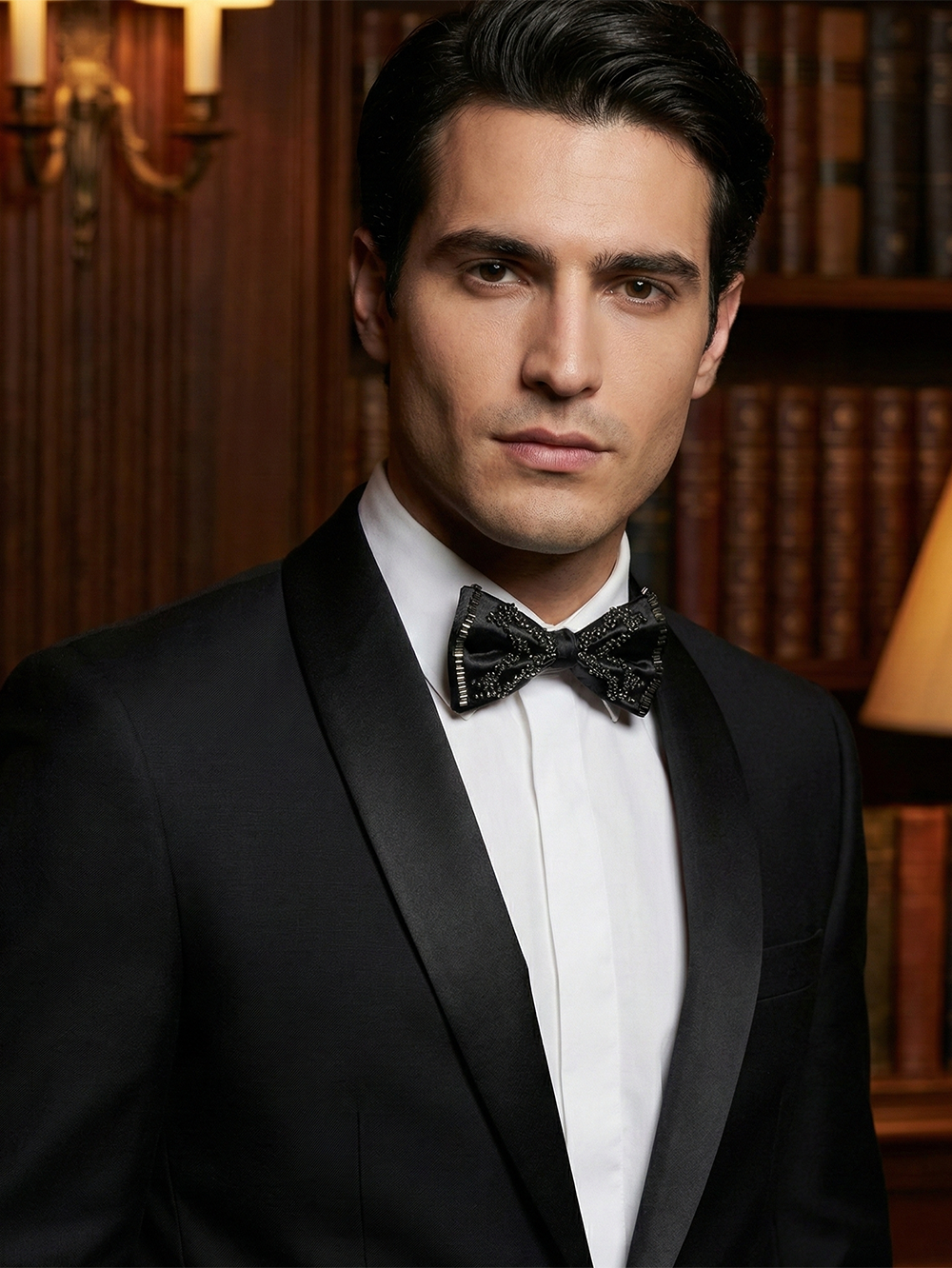 Premium Black Satin Bow Tie with Hand-Beaded Metallic Stud Embellishments – Elegant Pre-Tied Tuxedo Bowtie for Men
