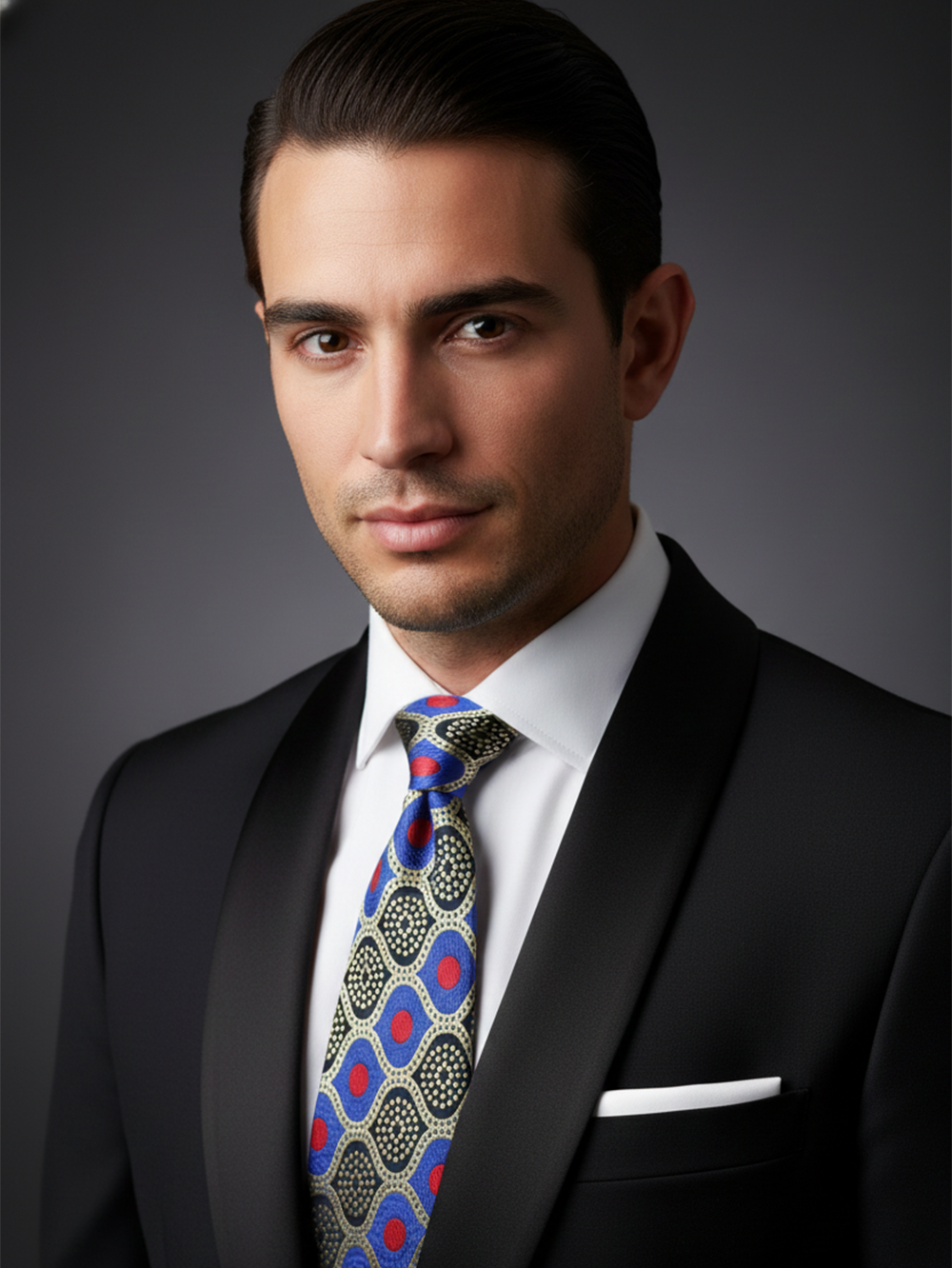 Premium Men's Silk-Blend Necktie – Vibrant Royal Blue Tie with Red Dots, Gold Accents, and Retro Geometric Mosaic Pattern