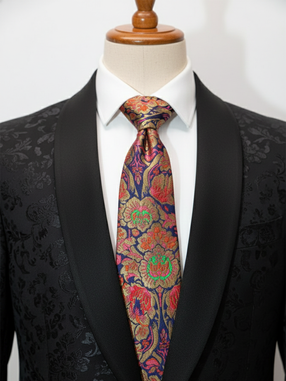 Premium Men's Silk-Blend Necktie – Navy Blue and Antique Gold Tie with Vibrant Pink, Orange, and Green Vintage Baroque Floral Tapestry Pattern
