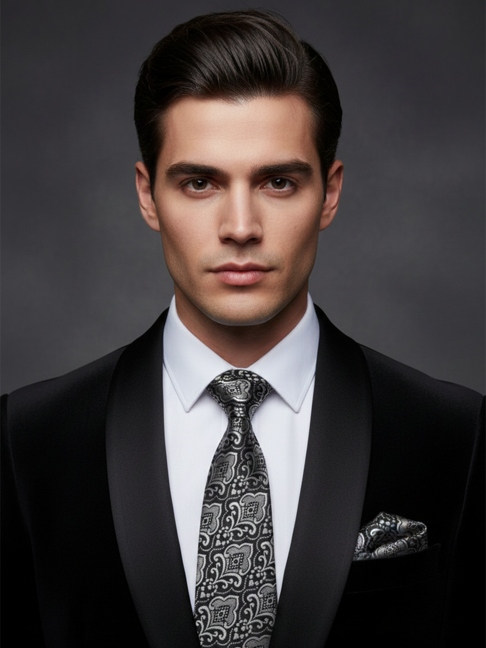 Premium Men's Silk-Blend Necktie – Charcoal Black and Metallic Silver Tie with Elegant Vintage Damask Baroque Pattern