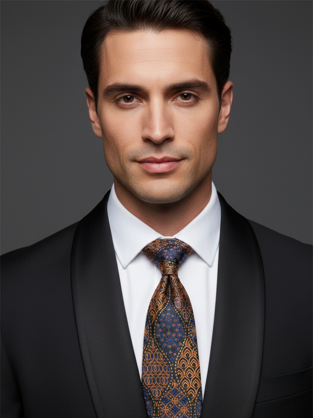 Premium Men's Silk-Blend Necktie – Navy Blue and Bronze Copper Tie with Elegant Geometric Interlocking Circle Medallion Pattern