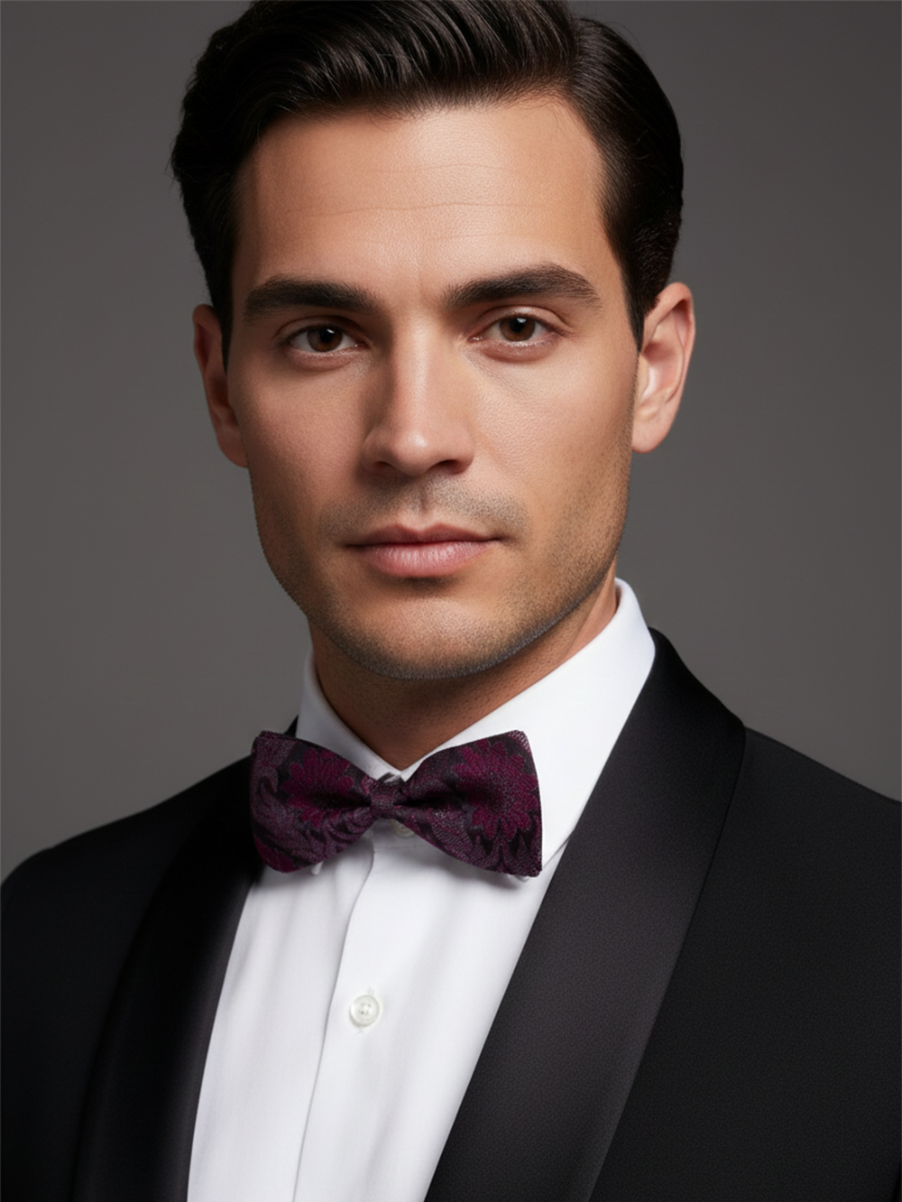 Sophisticated Burgundy Wine and Mauve Floral Men's Bow Tie