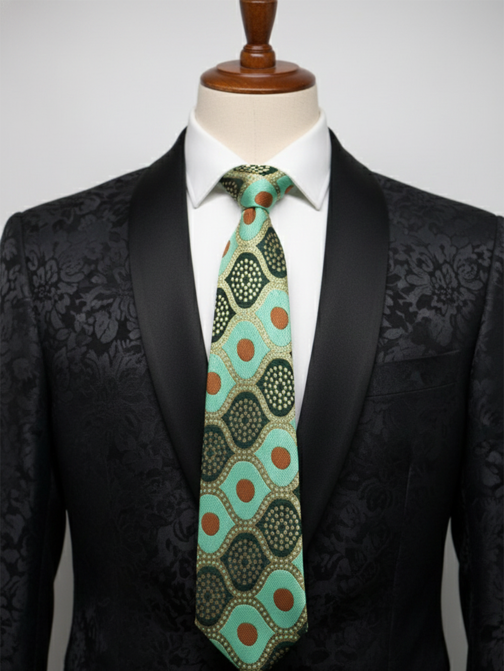 Premium Men's Silk-Blend Necktie – Mint Green and Teal Tie with Terracotta Orange Dots, Gold Accents, and Retro Geometric Mosaic Pattern