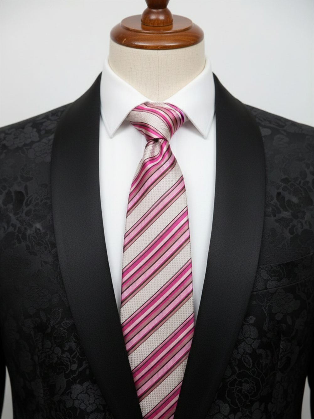 Premium Men's Striped Silk-Blend Necktie – White and Pink Diagonal Stripe Tie with Magenta and Maroon Accents