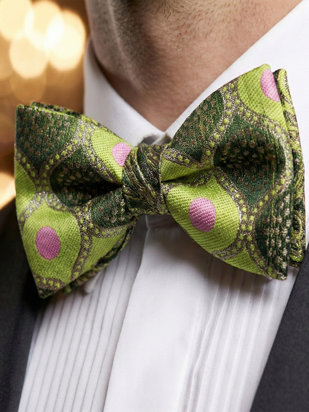Unique Lime Green Geometric Polka Dot Pre-Tied Bow Tie