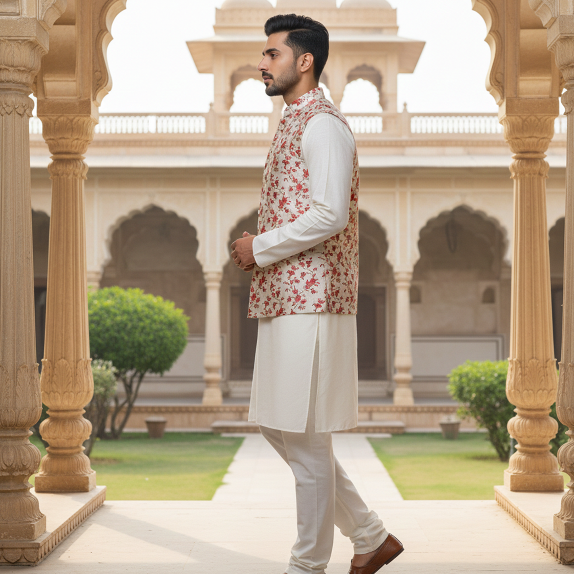 Men’s Ivory Floral Print Nehru Jacket with Kurta Pajama –  Elegant Festive Wear