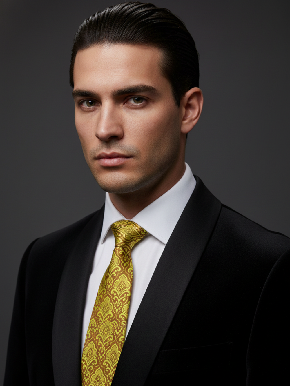 Premium Men's Silk-Blend Necktie – Olive Green and Mustard Gold Tie with Elegant Vintage Baroque Floral Medallion Pattern