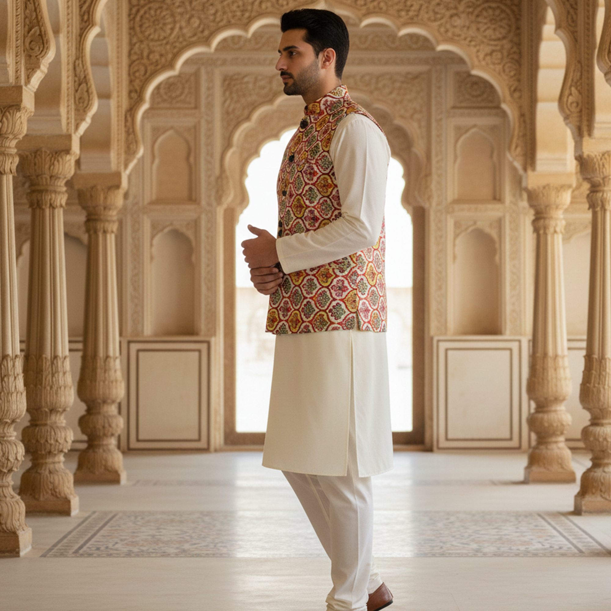 Men’s Multicolor Heritage Print Nehru Jacket with Ivory  Kurta Pajama – Festive Ethnic Wear