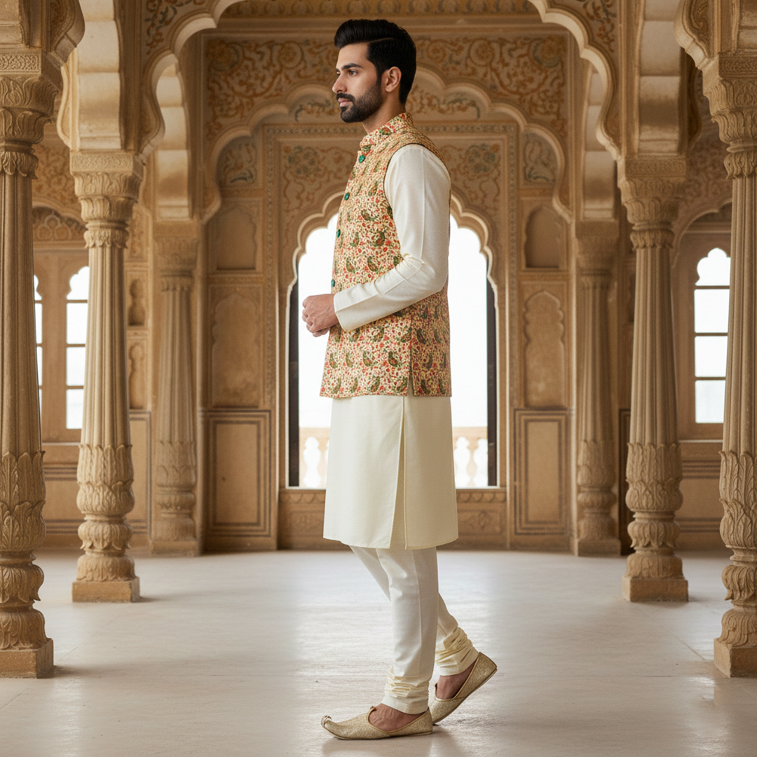 Men’s Floral Nehru Jacket with Ivory Kurta Pajama –  Elegant Festive & Wedding Wear