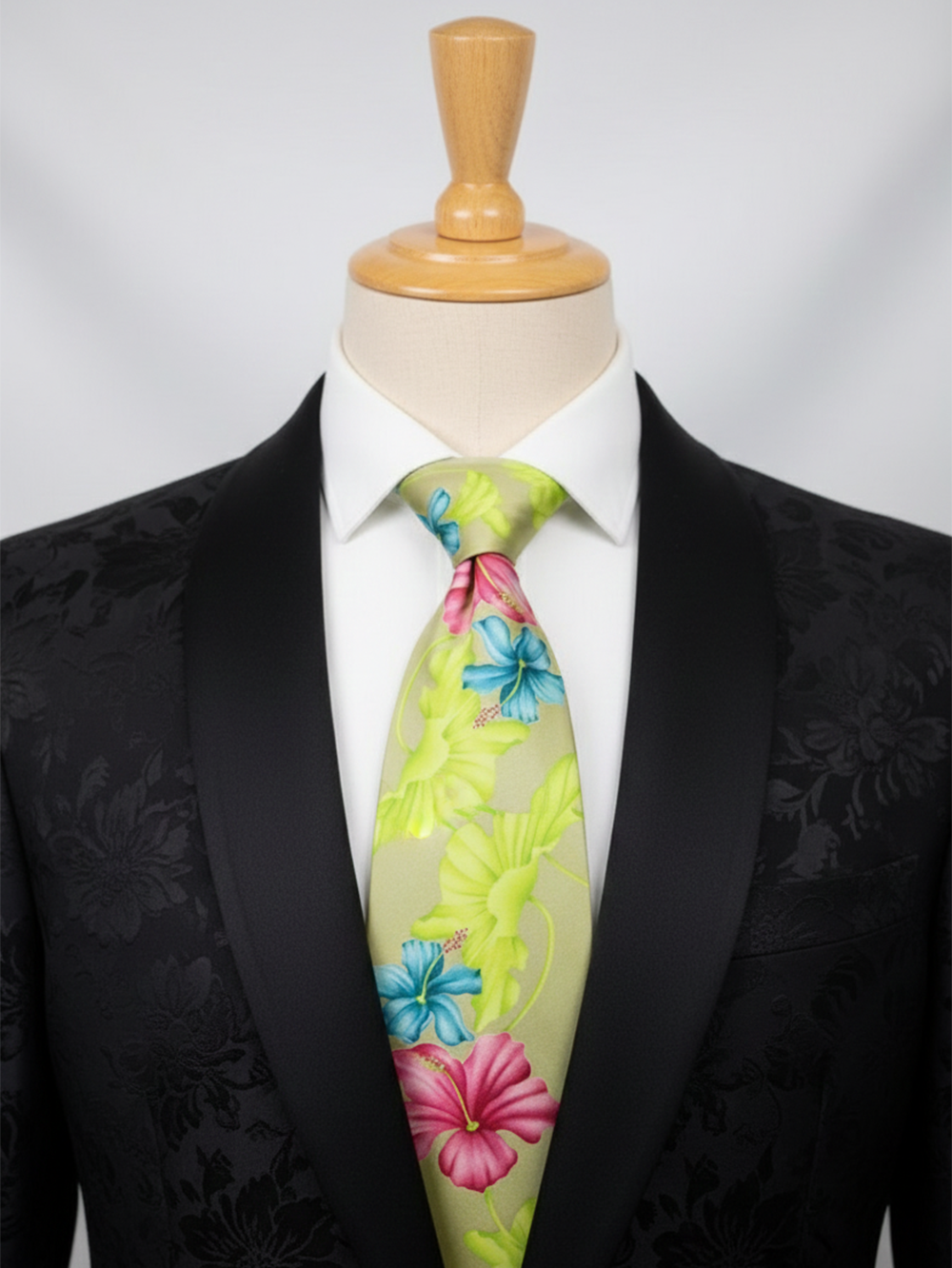 Premium Men's Tropical Floral Necktie – Light Sage Green Tie with Pink and Blue Hibiscus Flower Pattern