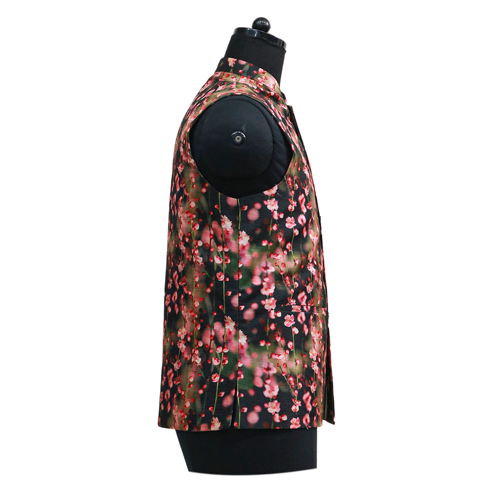 Men’s Black Floral Printed Nehru Jacket with Ivory  Kurta Pajama – Elegant Festive Ensemble