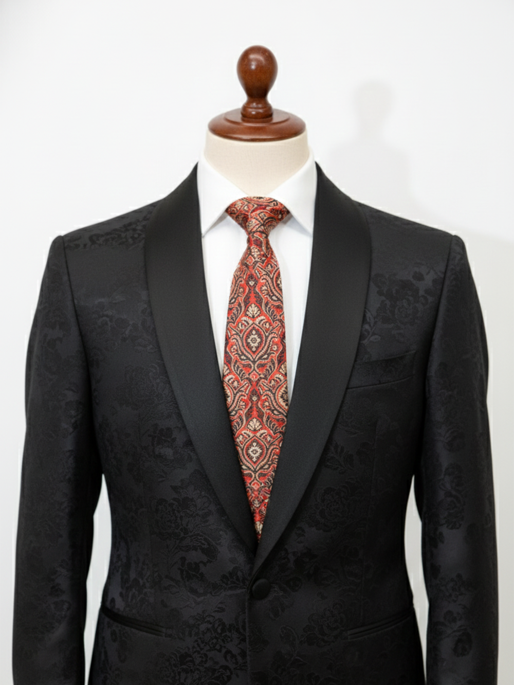 Premium Men's Silk-Blend Necktie – Terracotta Rust Red Tie with Antique Gold, Tan, and Brown Vintage Baroque Floral Damask Tapestry Pattern
