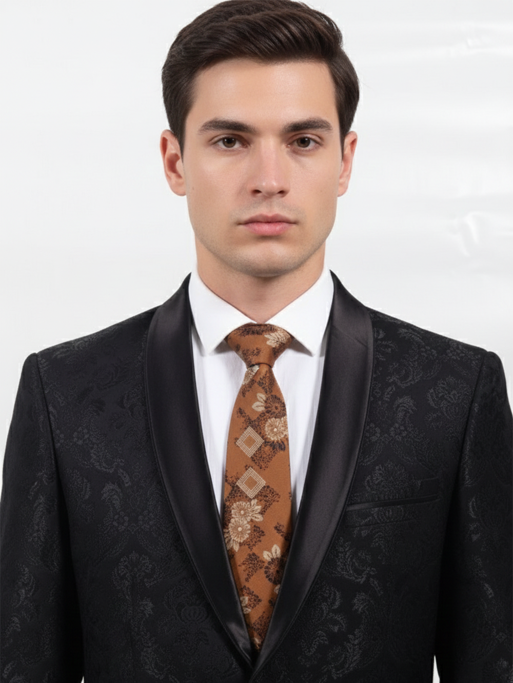 Premium Men's Silk-Blend Necktie – Chestnut Copper Brown Tie with Elegant Cream and Dark Brown Vintage Japanese Chrysanthemum Floral Pattern