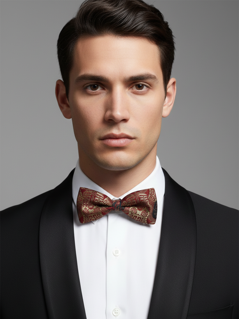 Luxury Burgundy Red and Gold Geometric Oriental Men's Bow Tie