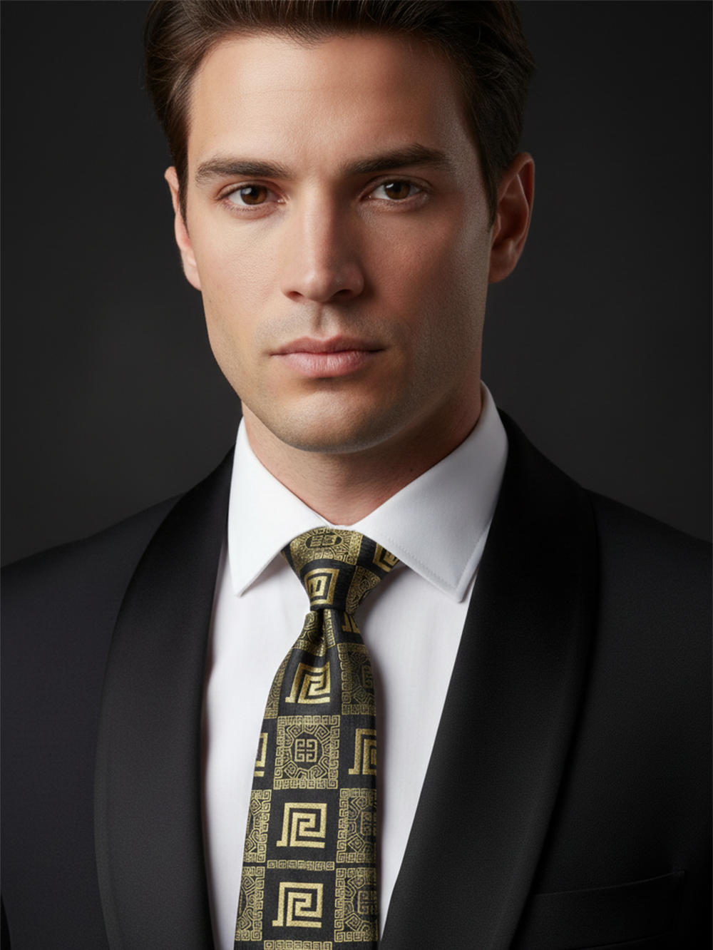 Premium Men's Silk-Blend Necktie – Classic Black and Metallic Gold Tie with Luxury Ancient Greek Key and Meander Geometric Pattern