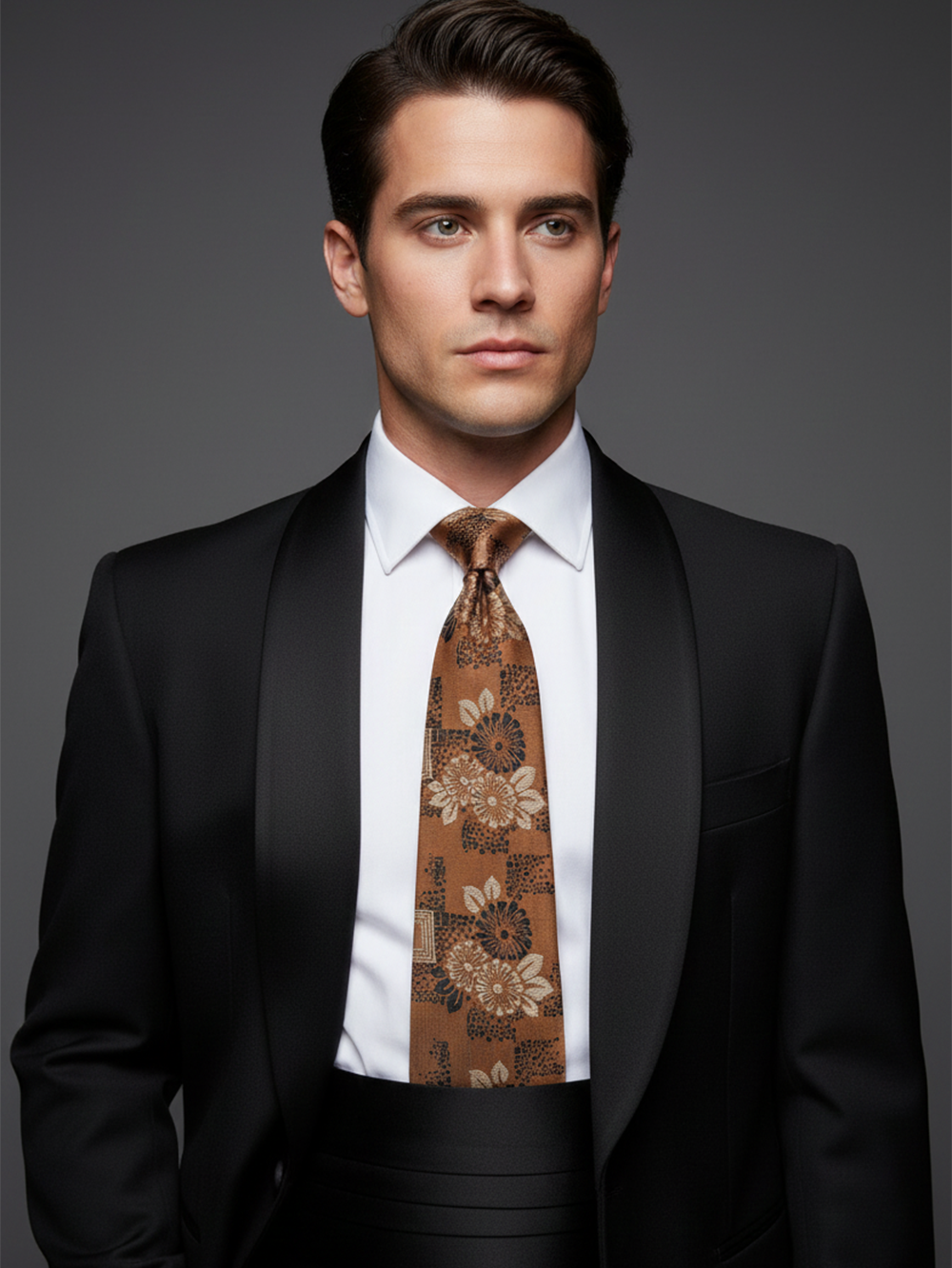 Premium Men's Silk-Blend Necktie – Vintage Chestnut Brown and Copper Tie with Elegant Cream Floral Pattern