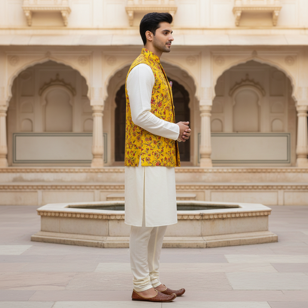 Men’s Yellow Floral Printed Nehru Jacket with Ivory Kurta  Pajama – Festive & Wedding Wear Set