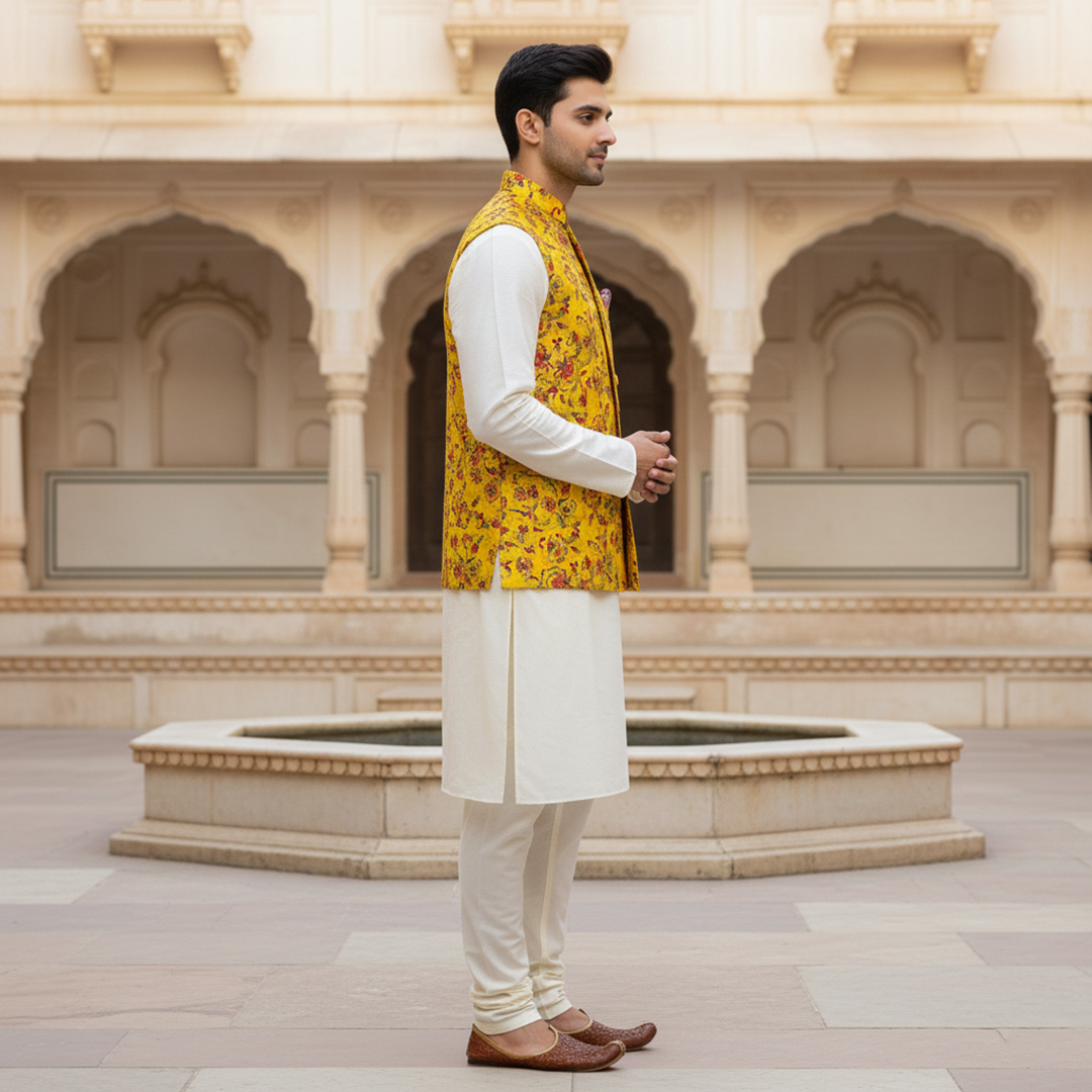 Men’s Yellow Floral Printed Nehru Jacket with Ivory Kurta  Pajama – Festive & Wedding Wear Set