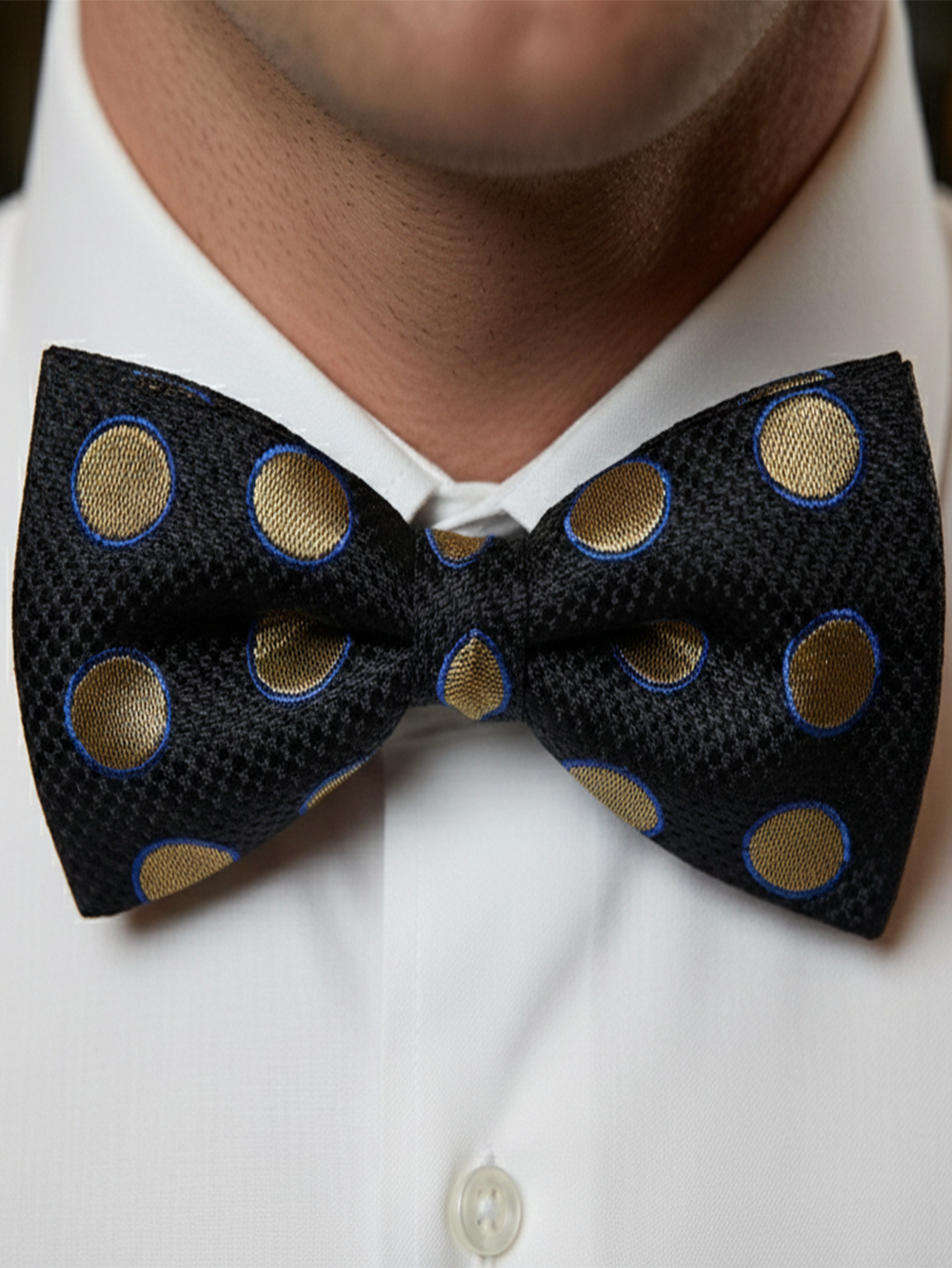 Elegant Black Bow Tie with Gold and Blue Polka Dots