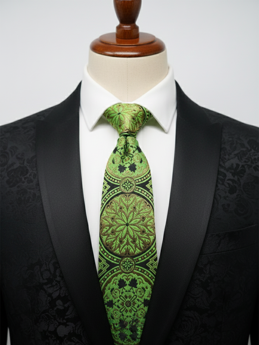 Premium Men's Silk-Blend Necktie – Matte Black Tie with Vibrant Lime Green, Olive, and Gold Vintage Baroque Circular Medallion Pattern