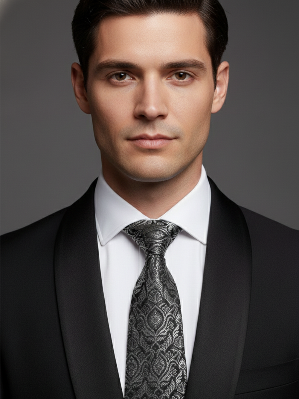 Premium Men's Silk-Blend Necktie – Classic Charcoal Black and Silver Grey Tie with Elegant Vintage Damask Baroque Floral Pattern