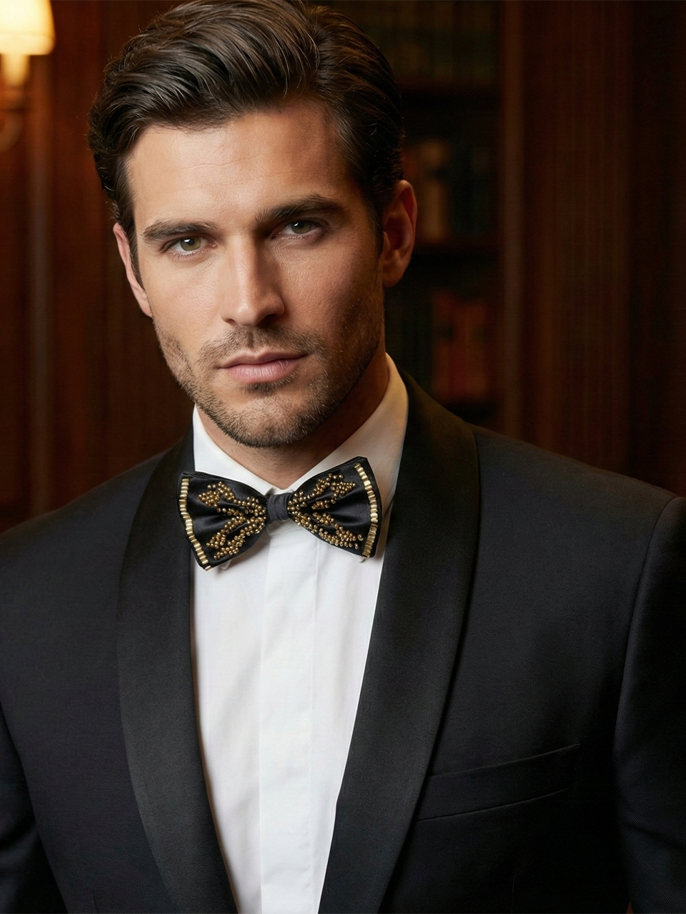Handcrafted Beaded Men's Bow Tie, Premium Black Silk Satin Formal Bowtie with Gold Bead Embroidery