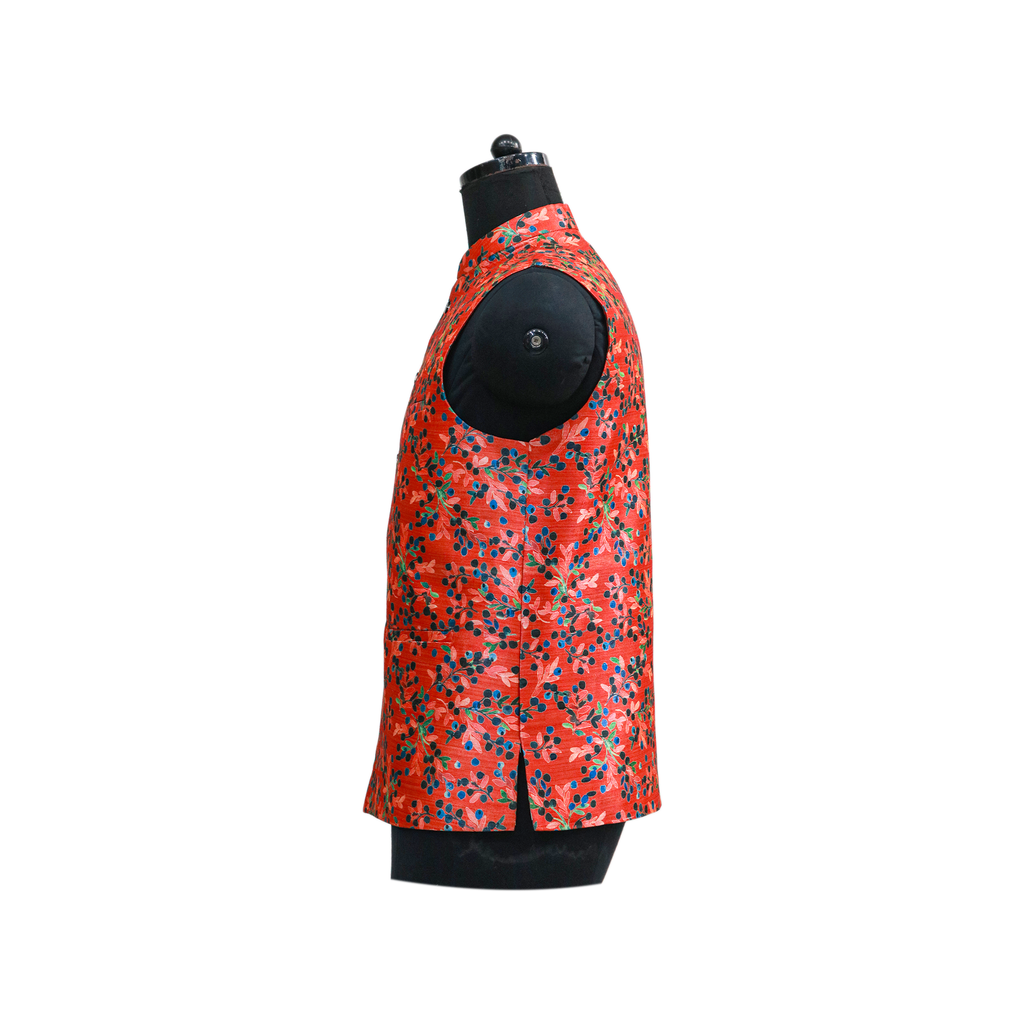 Men’s Red Floral Print Nehru Jacket with Ivory Kurta Pajama –  Festive & Wedding Wear