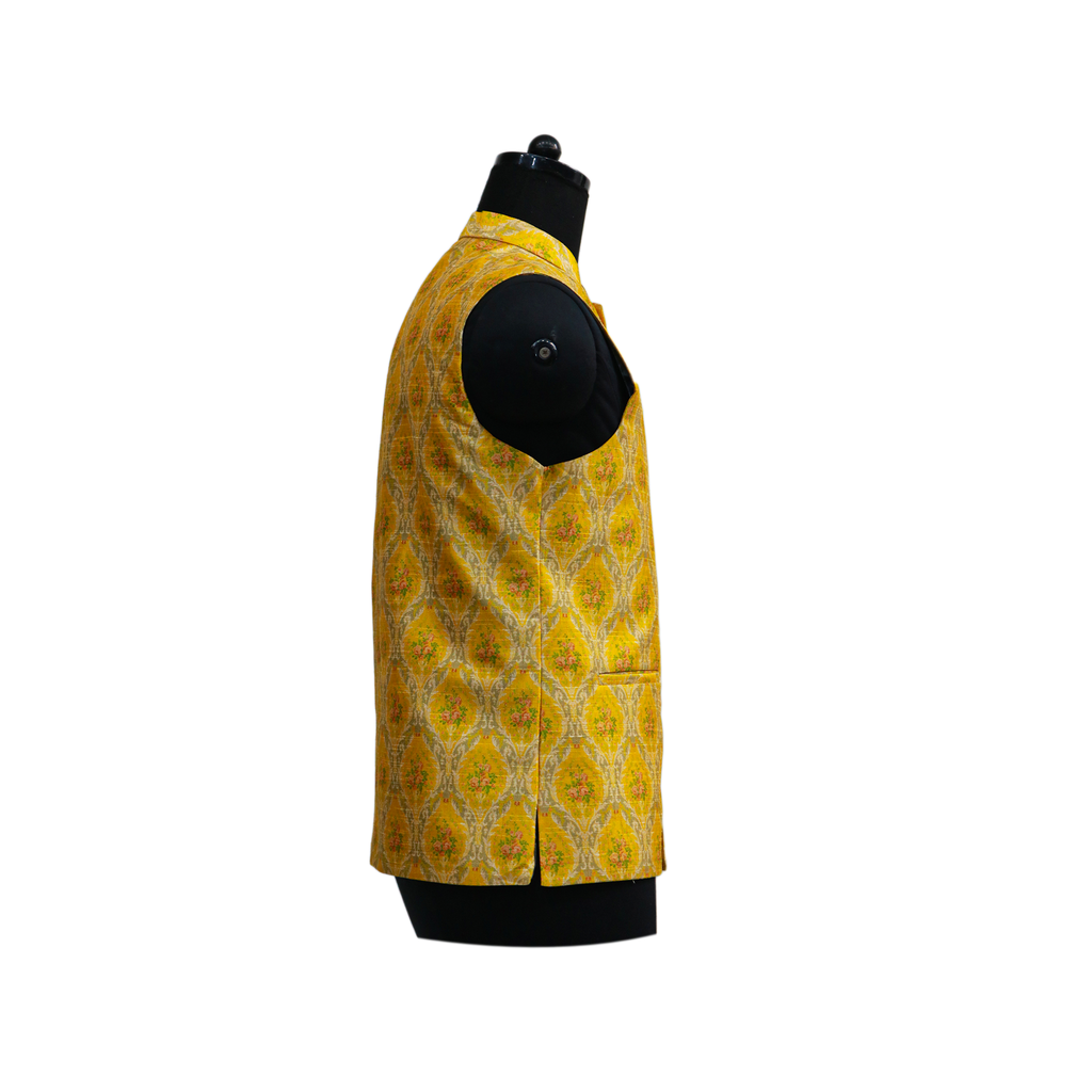 Men’s Yellow Jacquard Nehru Jacket with Ivory Kurta  Pajama – Festive & Wedding Wear