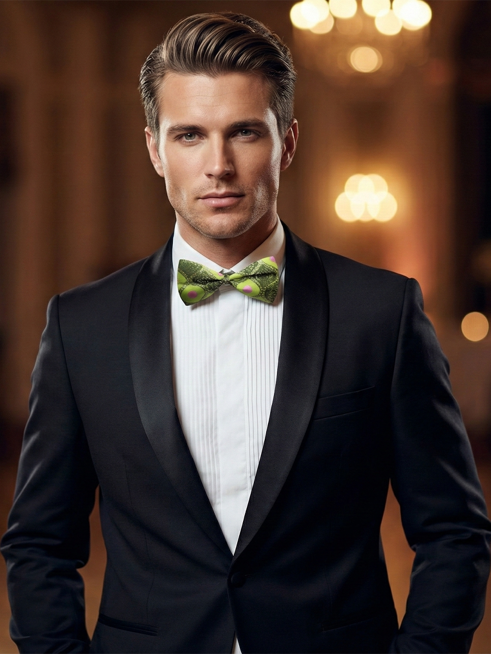 Unique Lime Green Geometric Polka Dot Pre-Tied Bow Tie